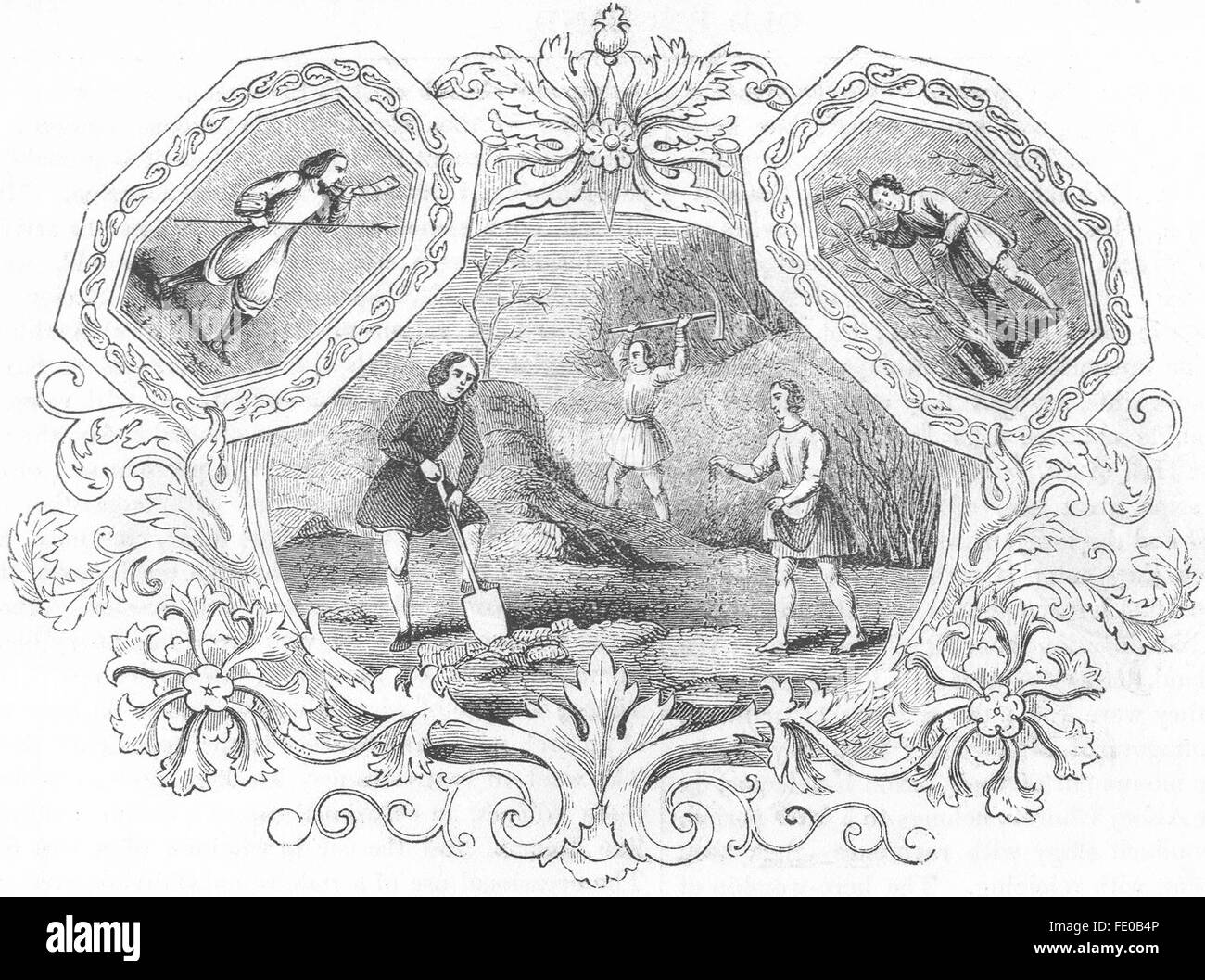 TRIBAL: Saxon Emblems of month March, antique print 1845 Stock Photo ...