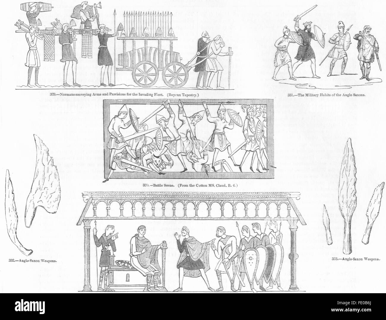 BAYEUX TAPESTRY: Scenes from; Saxon weapons, antique print 1845 Stock Photo