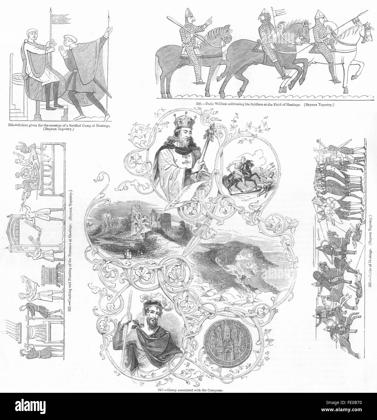 NORMAN CONQUEST: Bayeux Tapestry extracts, Hastings, antique print 1845 NORMAN CONQUEST: Bayeux Tapestry extracts, Hastings, antique print 1845