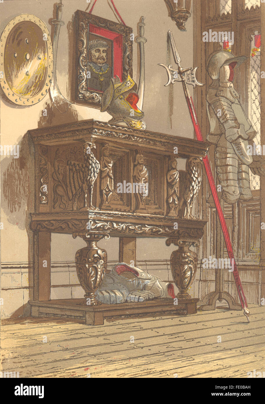 FURNITURE Elizabethan sideboard in Warwick Castle, antique print 1845