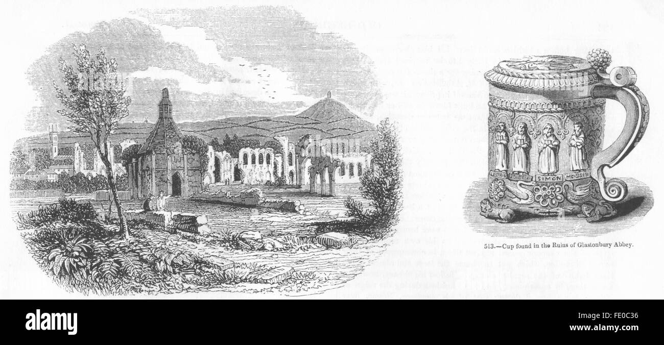 SOMT: Ruins, Glastonbury Abbey 1785; Cup, antique print 1845 Stock Photo