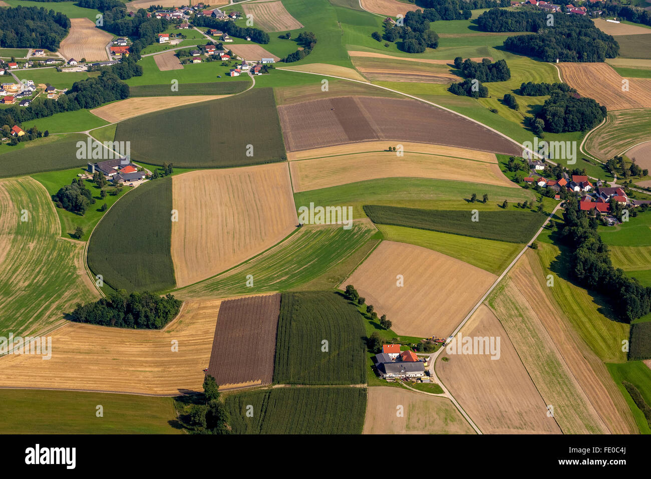 Aerial, agriculture, farming, fields and meadows and forests in the foothills of the Alps in Linz, Altschwendt, Upper Austria, Stock Photo