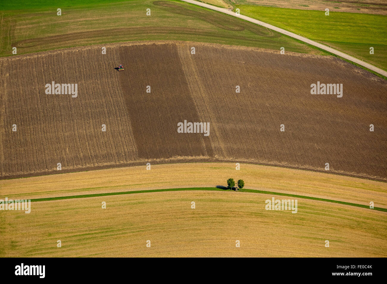 Aerial, agriculture, farming, fields and meadows and forests in the foothills of the Alps in Linz, Rödham, Upper Austria, Stock Photo