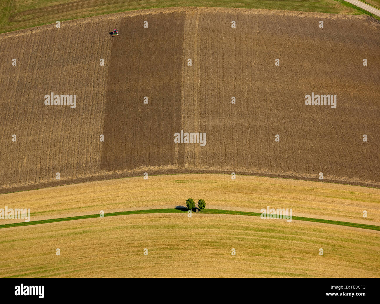 Aerial, agriculture, farming, fields and meadows and forests in the foothills of the Alps in Linz, Rödham, Upper Austria, Stock Photo