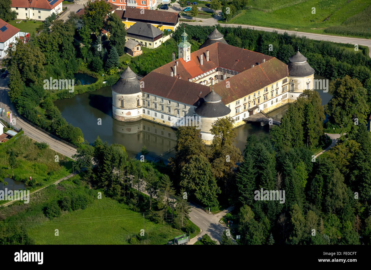 Aerial view, Schloss Aistersheim, moated castle from the late Renaissance, Dirisam, Upper Austria, Austria Europe, aerial view, Stock Photo
