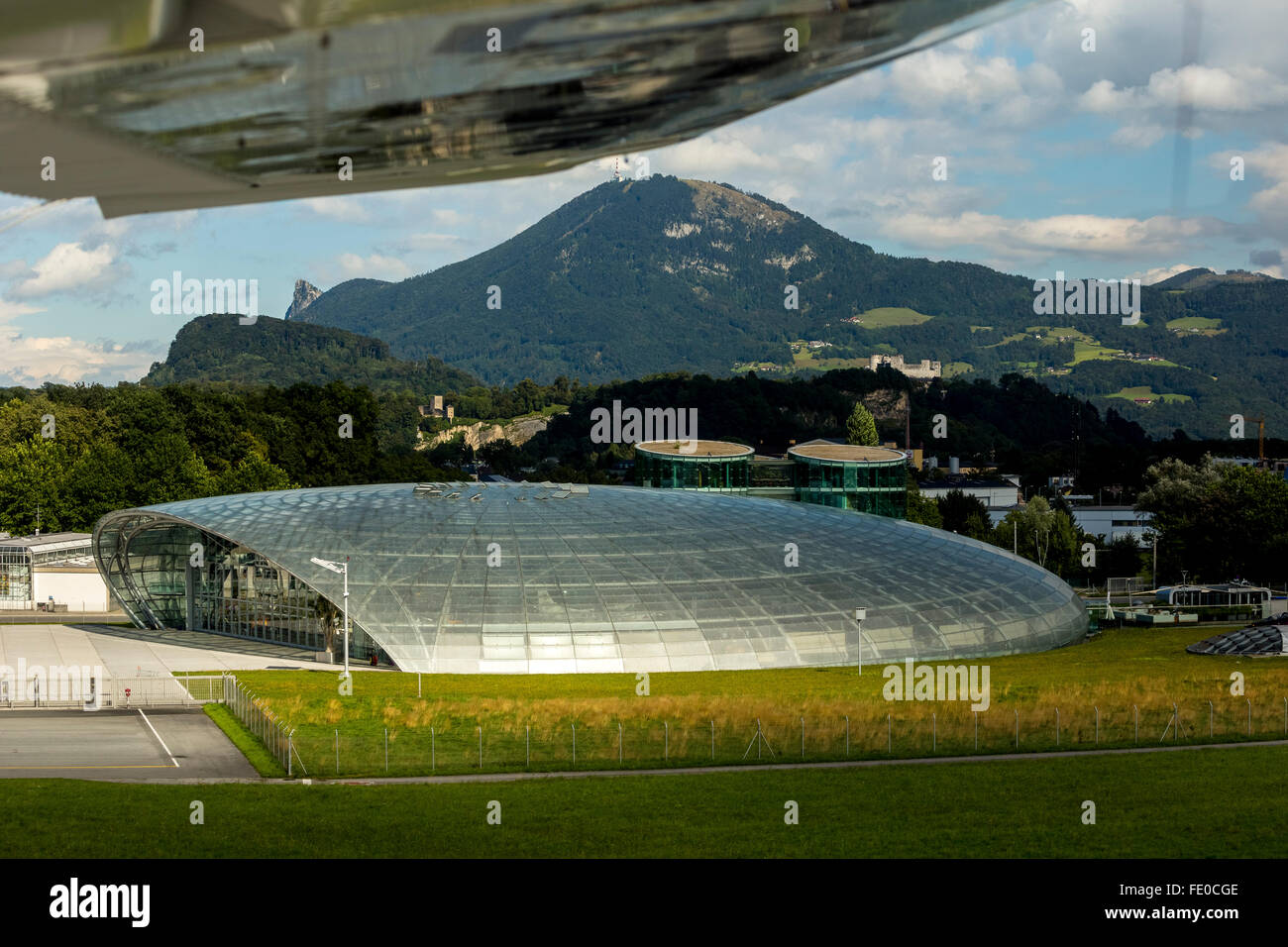 Aerial, Alps, Salzburg Airport, Hangar 7, Red Bull, Salzburg, Salzburg, Austria, Europe, Aerial view, birds-eyes view, aerial Stock Photo