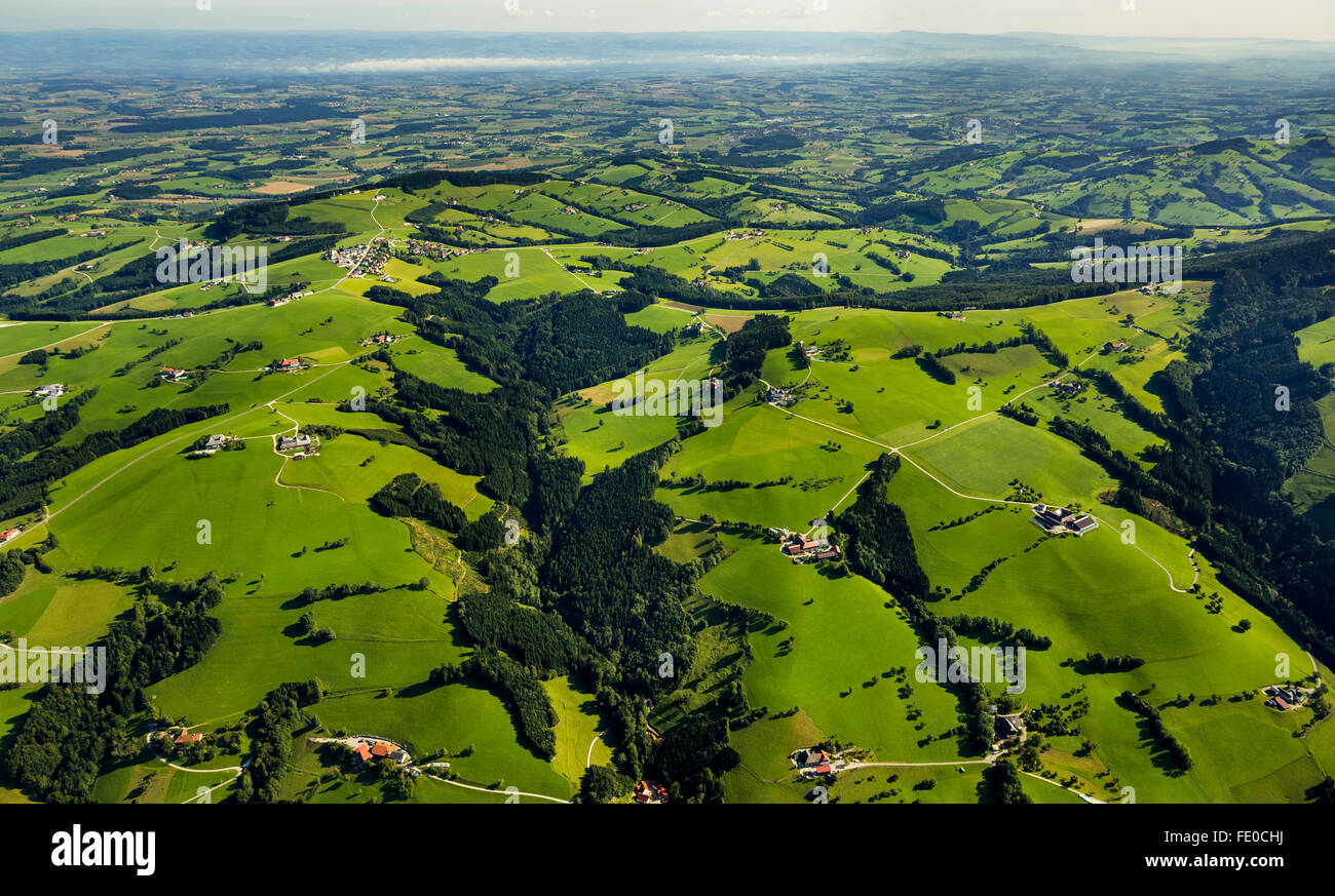 Aerial view, foothills with green meadows, Sankt Ulrich bei Steyr, Upper Austria, Austria, Europe, Aerial view, birds-eyes view, Stock Photo