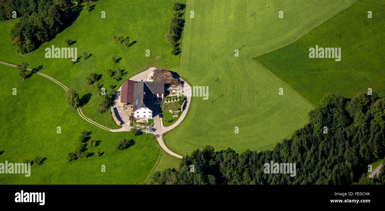 Aerial view, foothills with green grass, farm, Einsiedlerhof, farmstead