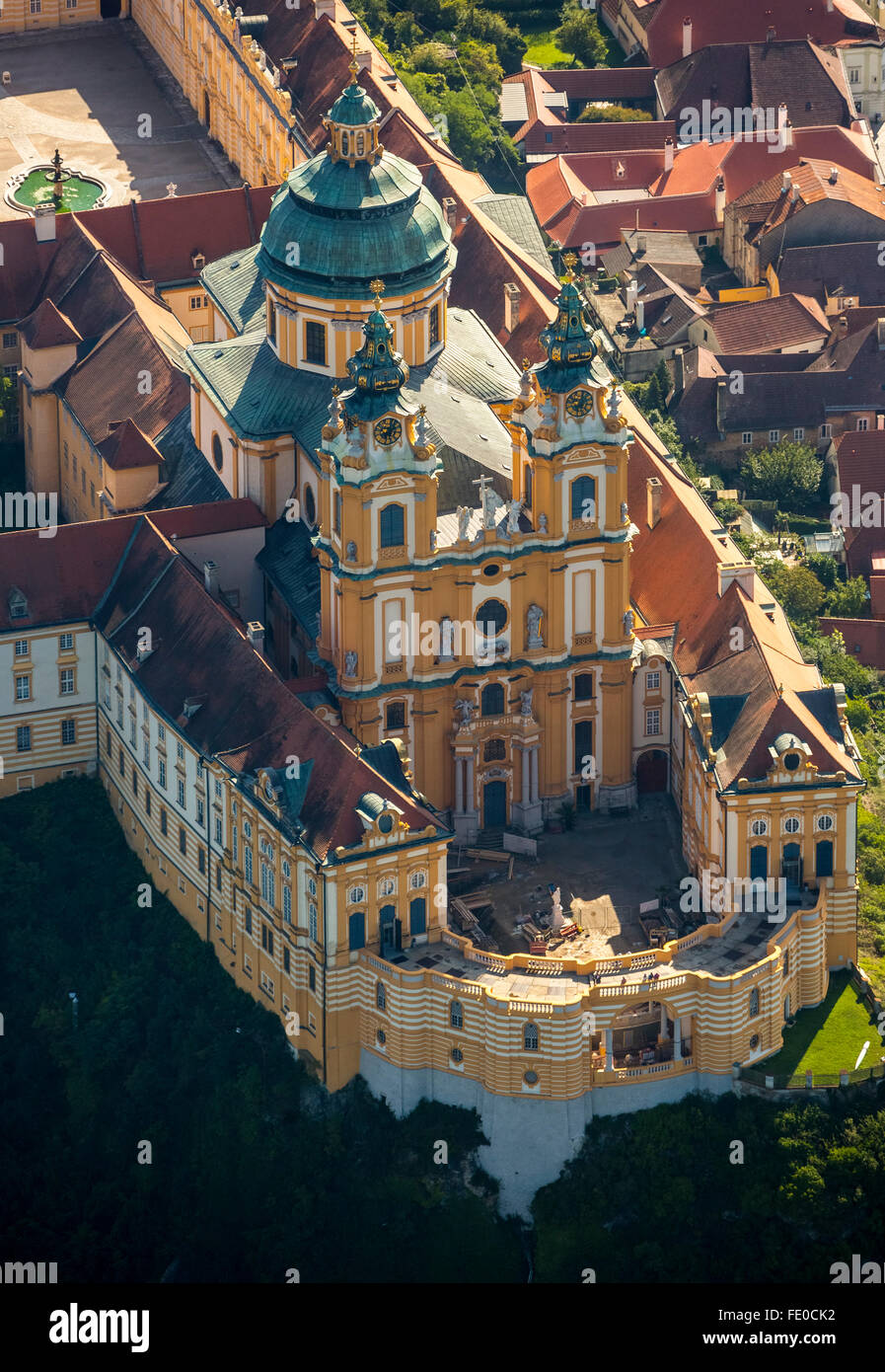 Aerial view, Benedictine Monastery, Unesco World Heritage Site, monastery complex of the Austrian Baroque, Wachau, Melk Abbey, Stock Photo
