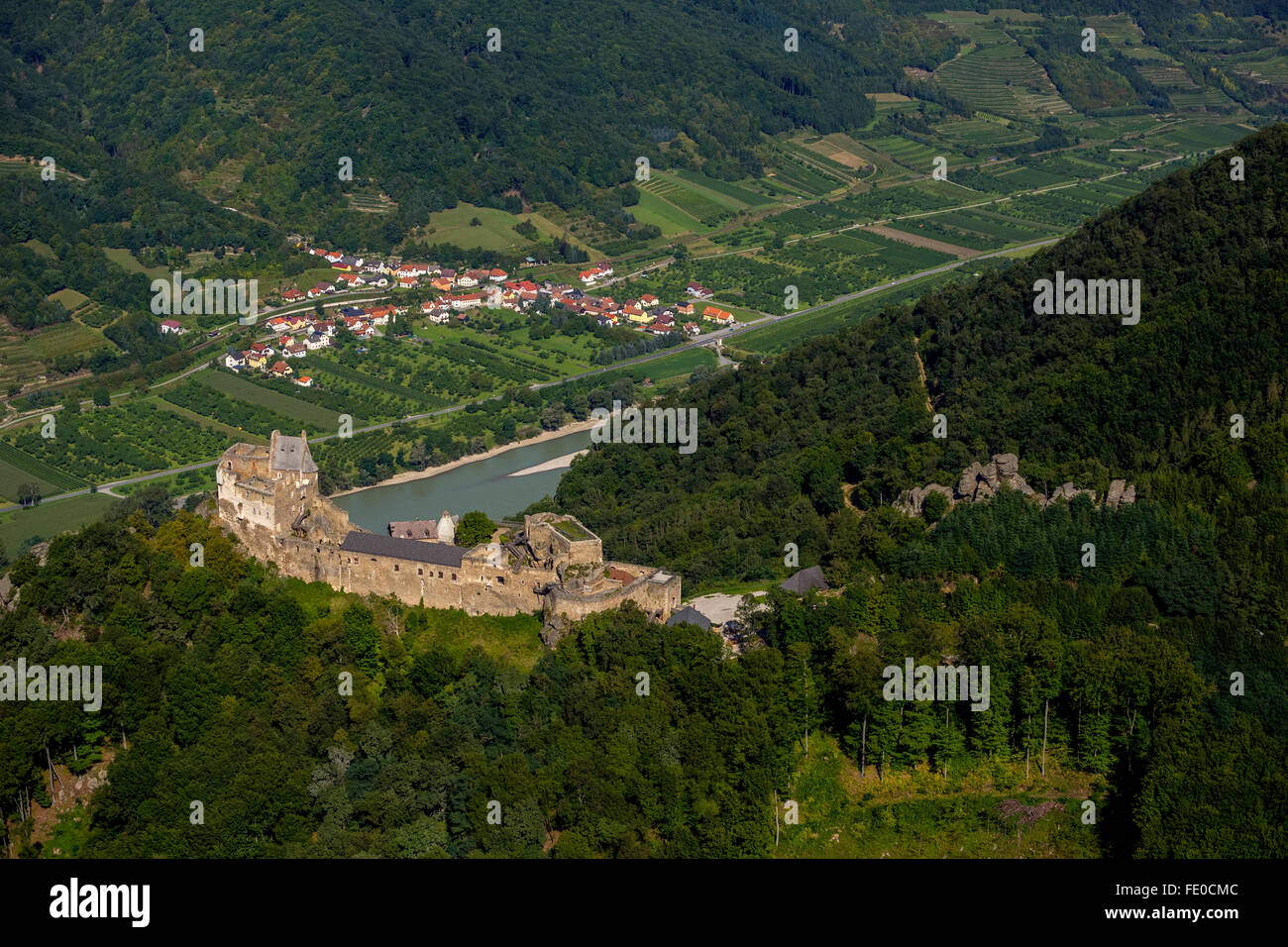 Aerial view, Aggstein, Wachau, Lower Austria, Schönbühel-Aggsbach, Lower Austria, Austria, Europe, Aerial view, birds-eyes view, Stock Photo