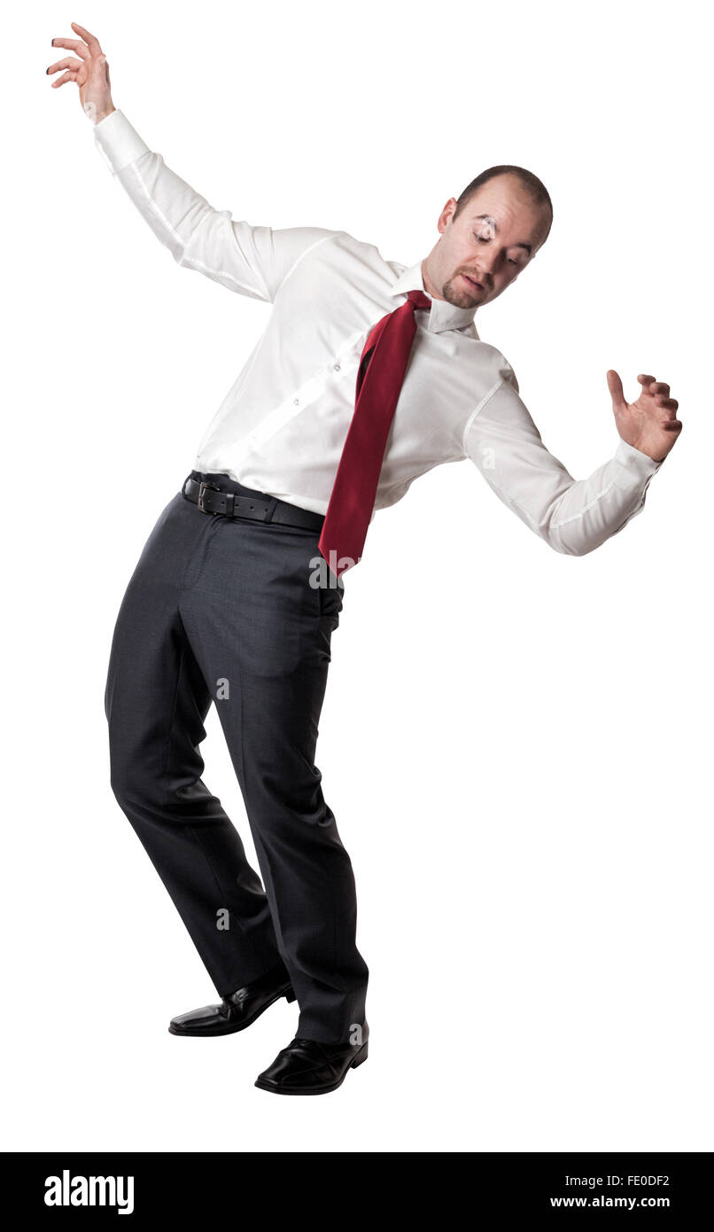 man try to balance himself isolated on white Stock Photo