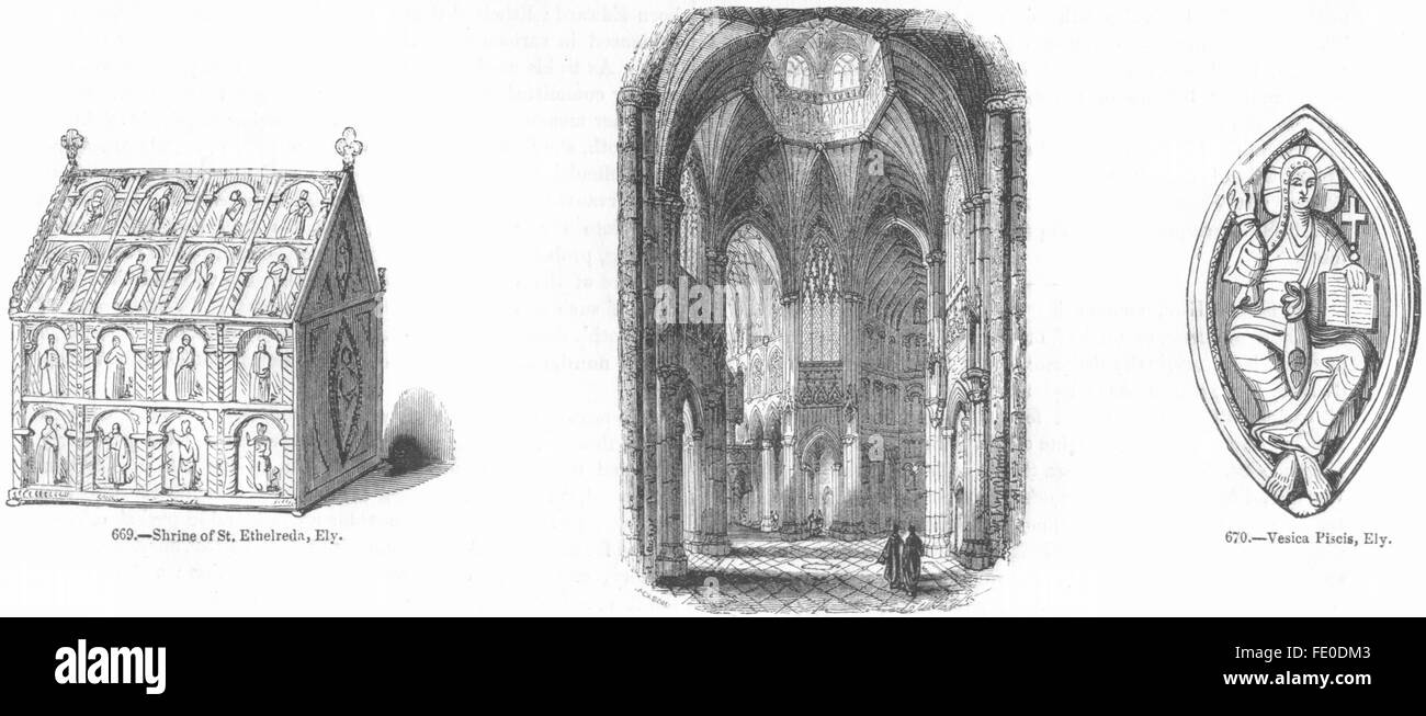 ELY: St Ethelreda shrine; Cathedral; Vesica Piscis , antique print 1845 Stock Photo