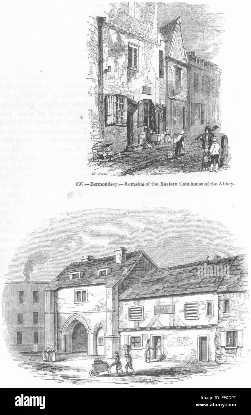 BERMONDSEY: Remains of Abbey & East gate house, antique print 1845 Stock Photo