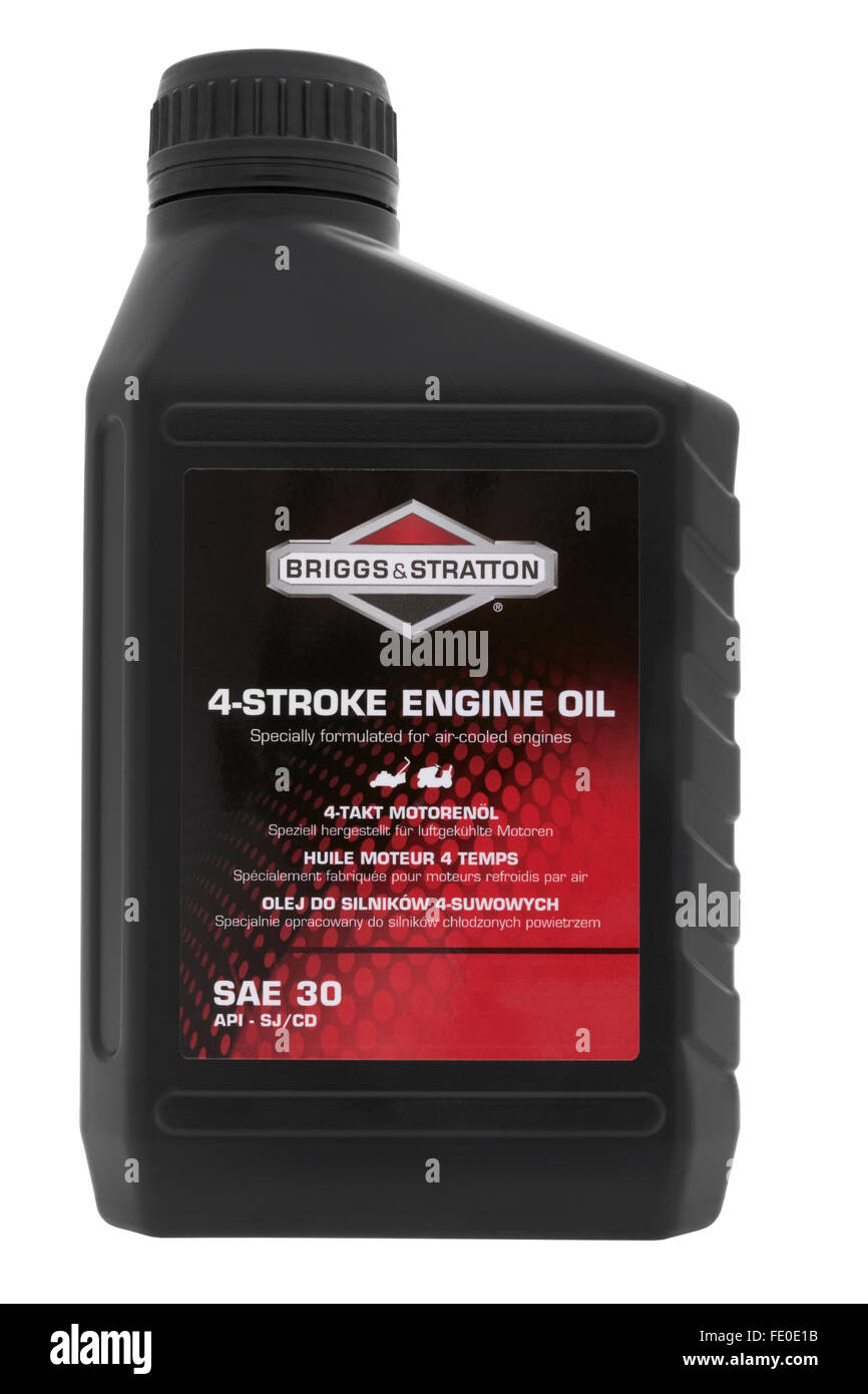 Bottle of SAE 30 4 stroke engine oil on white background Stock Photo