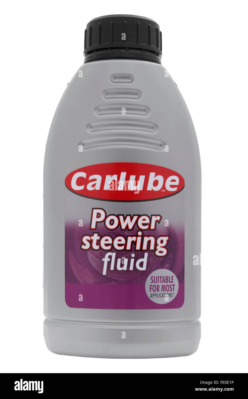 Bottle of power steering fluid on white background Stock Photo