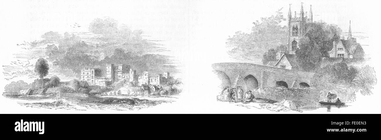 WARCS: Ruins, Kenilworth 17C; Bridge, Evesham, antique print 1845 Stock Photo
