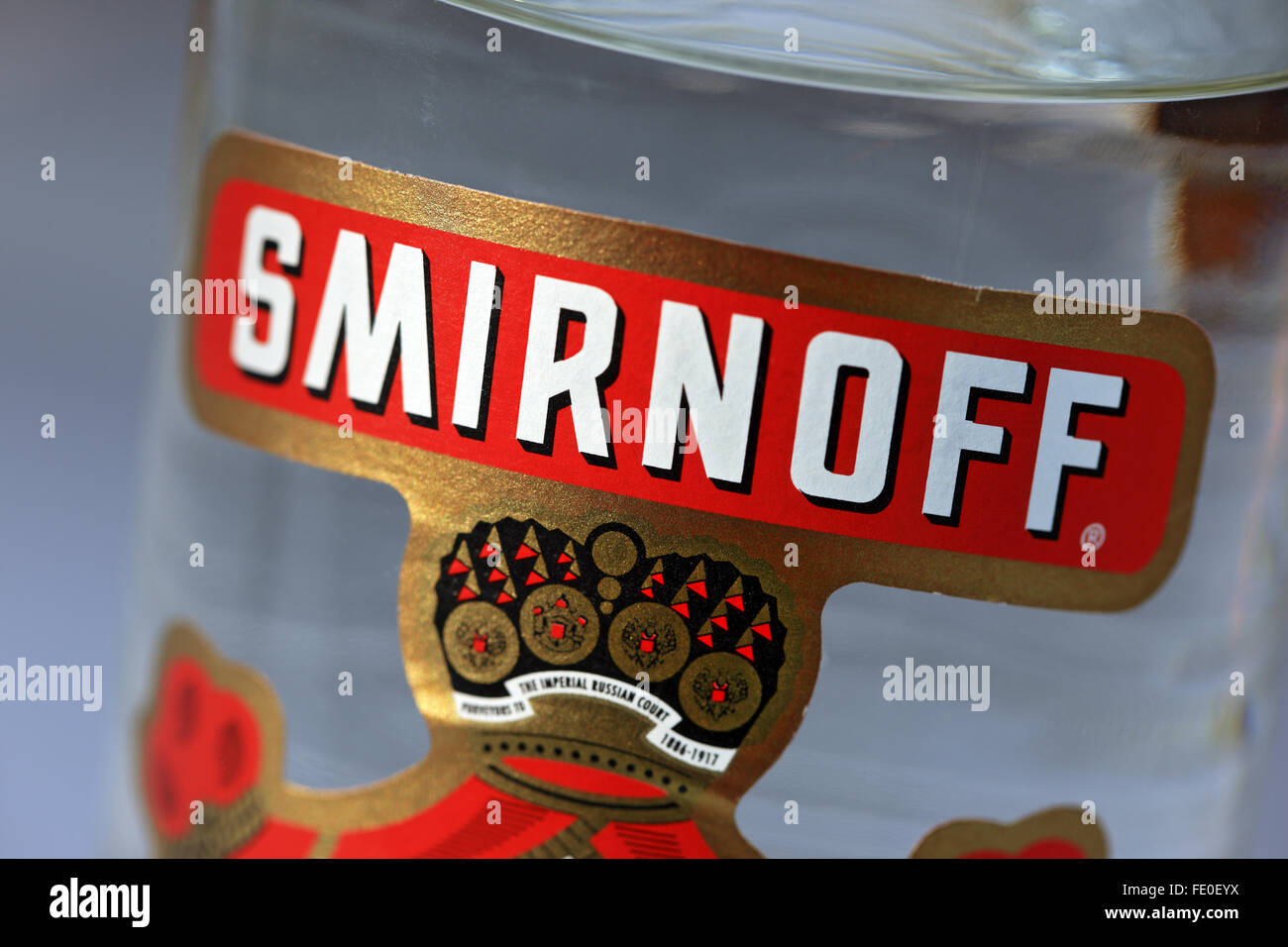 Smirnoff Vodka name on a bottle label Stock Photo