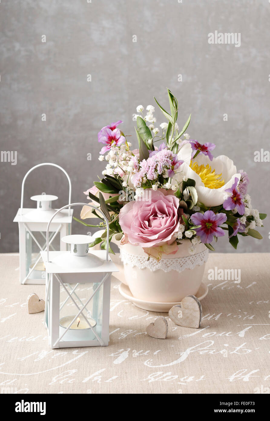 Romantic bouquet of roses and peonies Stock Photo