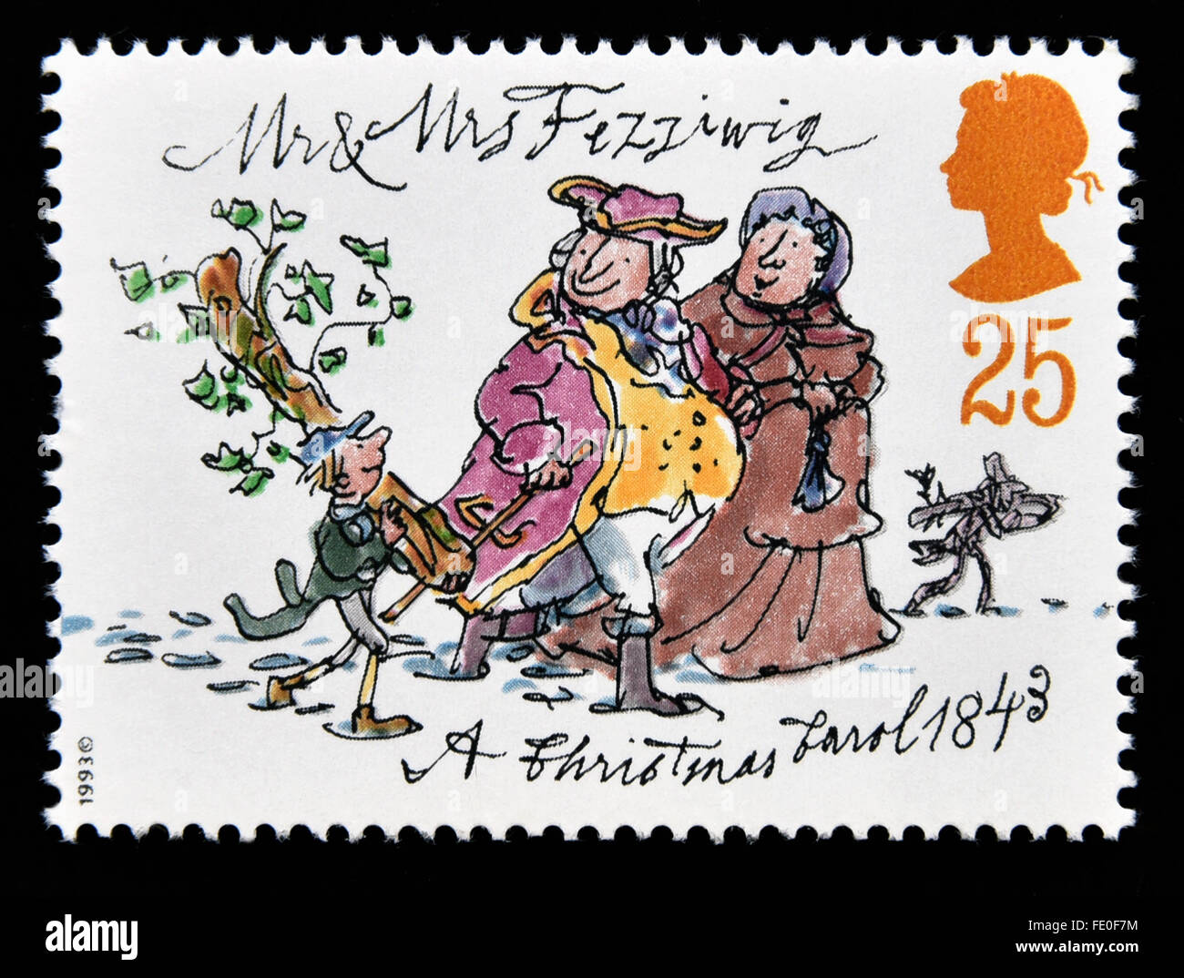 Postage stamp. Great Britain. Queen Elizabeth II. 1993. Christmas. 150th. Anniversary of 'A Christmas Carol' by Charles Dickens. Stock Photo
