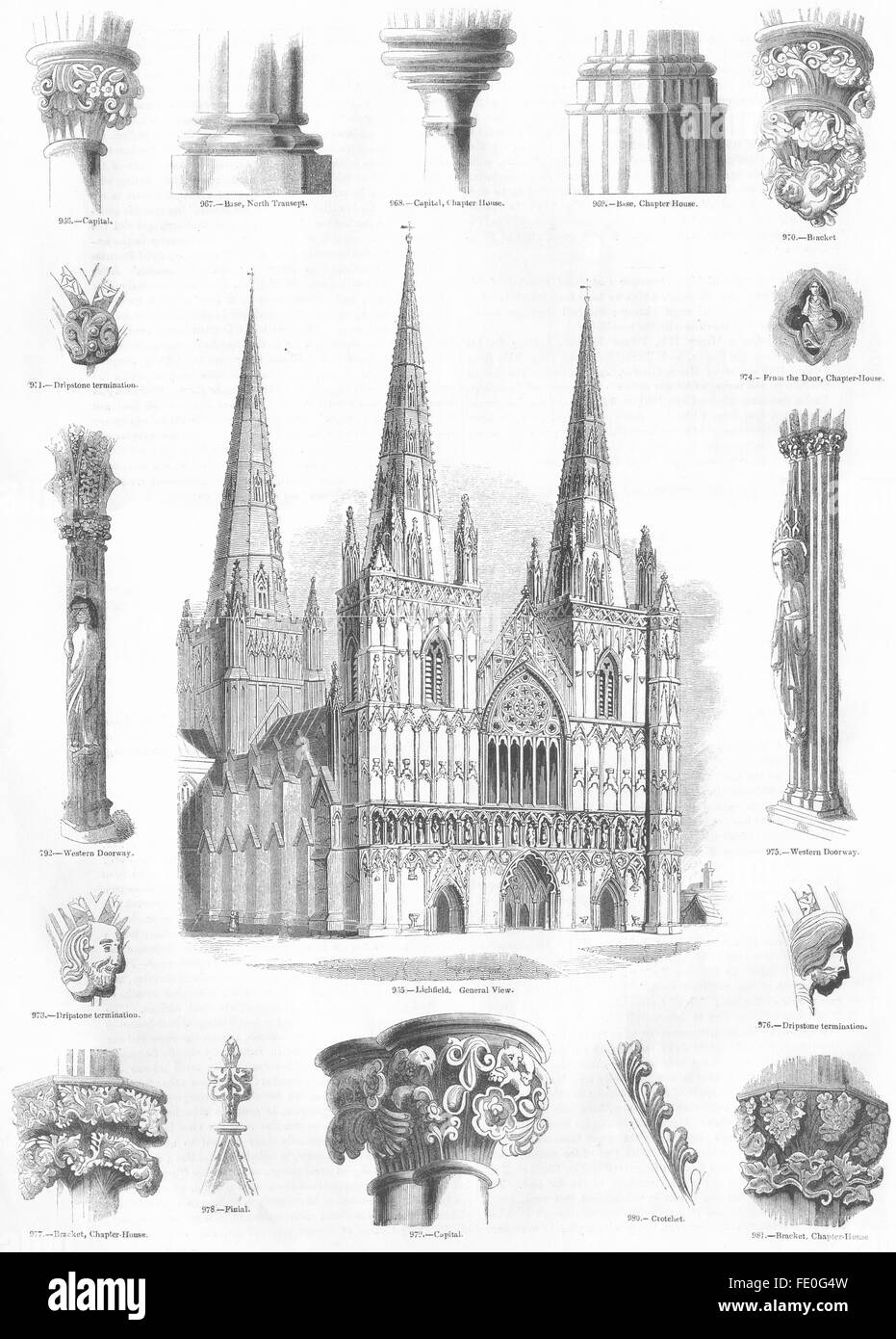 LICHFIELD CATHEDRAL: Finial, Crotchet, Dripstone, antique print 1845 Stock Photo