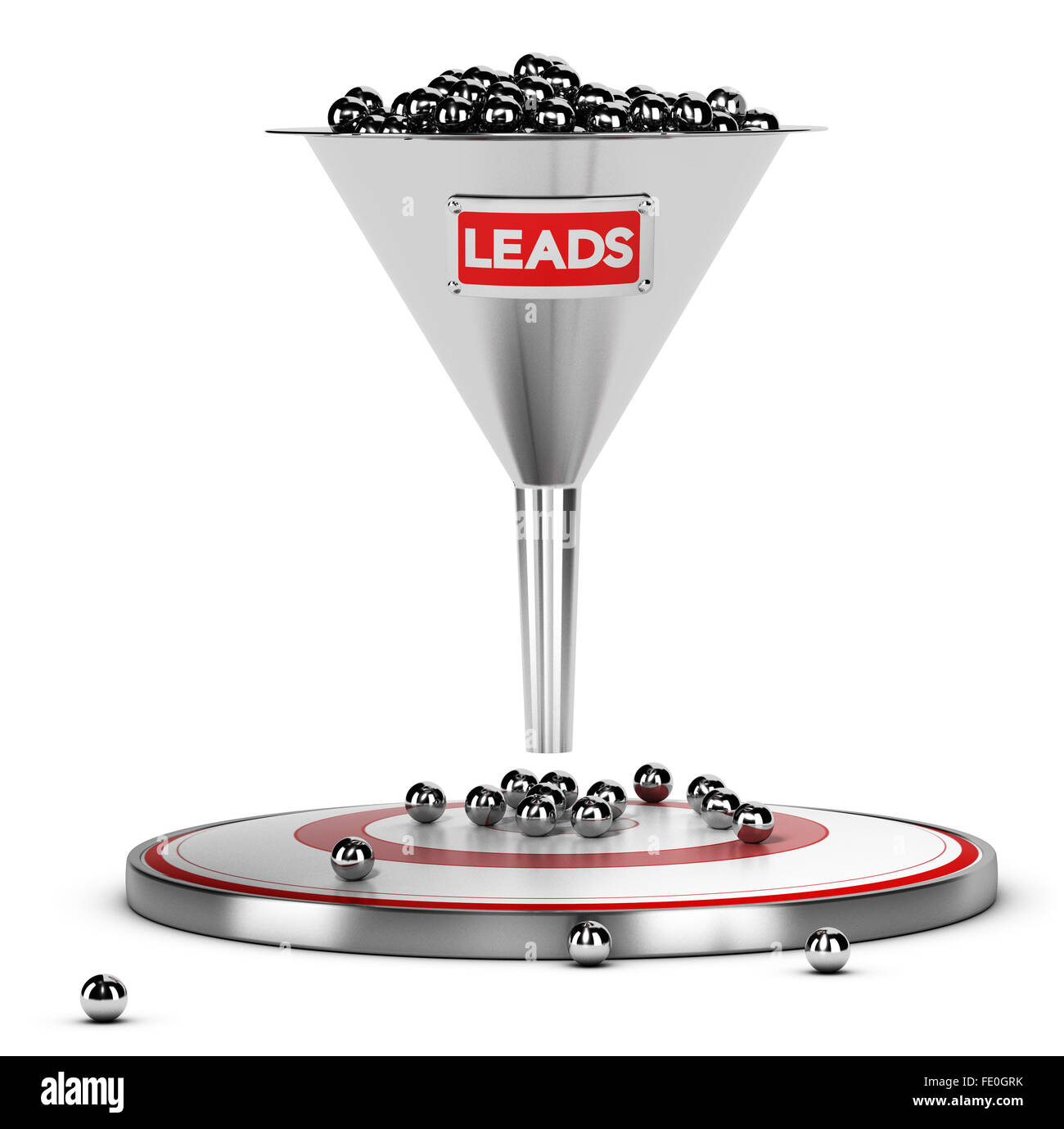 funnel with many metallic spheres and one target over white background. Illustration concept of sales lead nurturing Stock Photo
