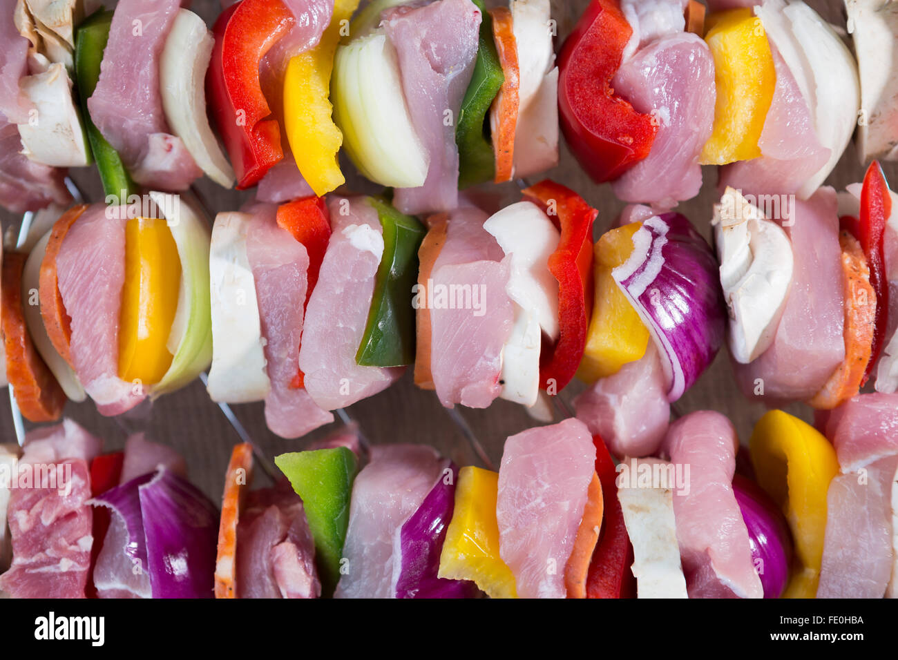 Raw pork skewers ready for grilling Stock Photo Alamy