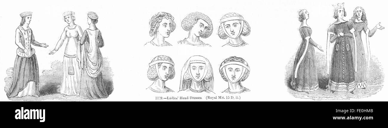 FEMALE DRESS: 14th Century; Ladies Hair style, antique print 1845 Stock Photo