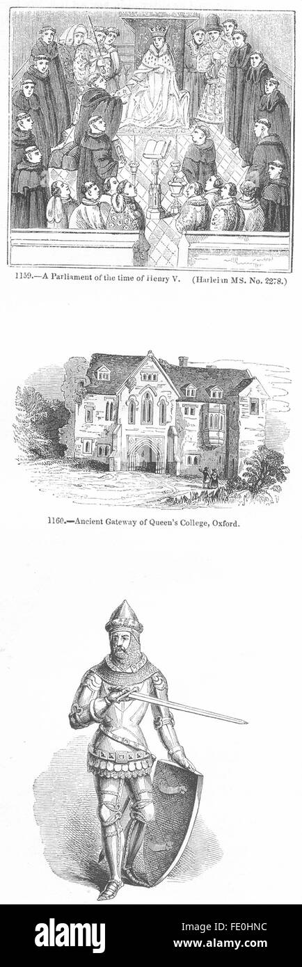 OXFORD: Queens College; Henry V parliament, antique print 1845 Stock Photo