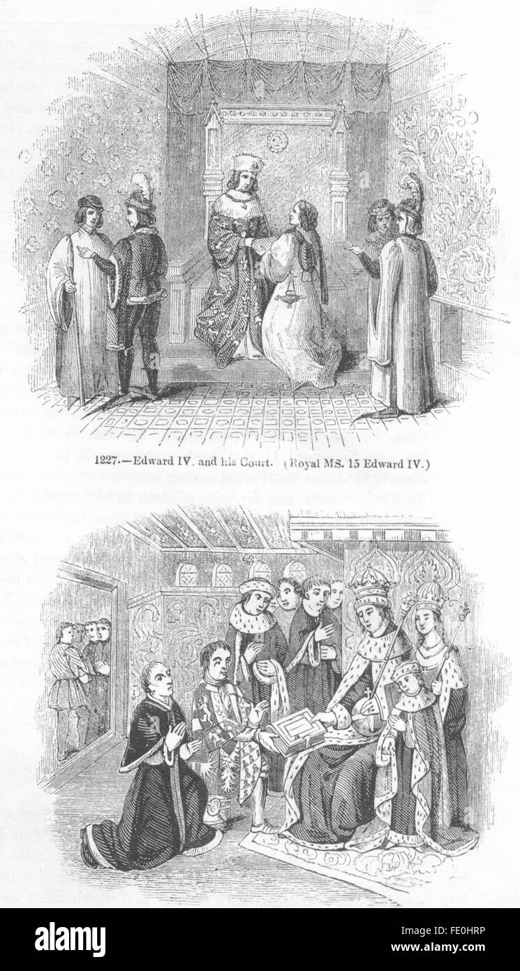 EDWARD IV: & his Ct; Earl Rivers presenting Caxton, antique print 1845 Stock Photo