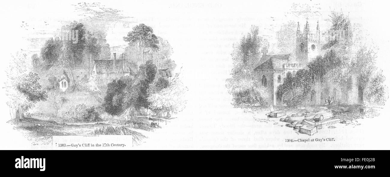 LANDSCAPES: Guy's Cliffe 17C; Chapel , antique print 1845 Stock Photo