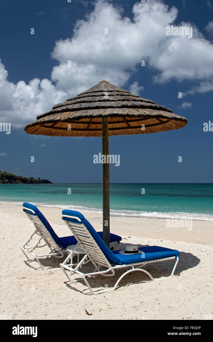 Sun lounger beds under a parasol on grand anse beach hi-res stock  photography and images - Alamy