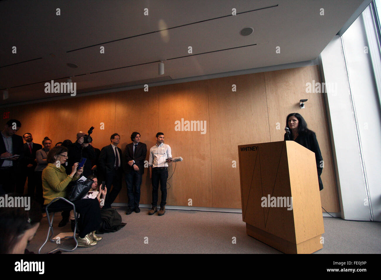 New York City, NY, USA. 3rd February, 2016. Laura Poitras speaks to members of the press during a preview of her first solo exhibition, Astro Noise, at the Whitney Museum of American Art in New York City on February 3, 2016.   Poitras, a filmmaker, artist and journalist best known for helping to break the Edward Snowden story Drone Program, Guantanamo Bay Prison, occupation and torture. Credit:  Adam Stoltman/Alamy Live News Stock Photo