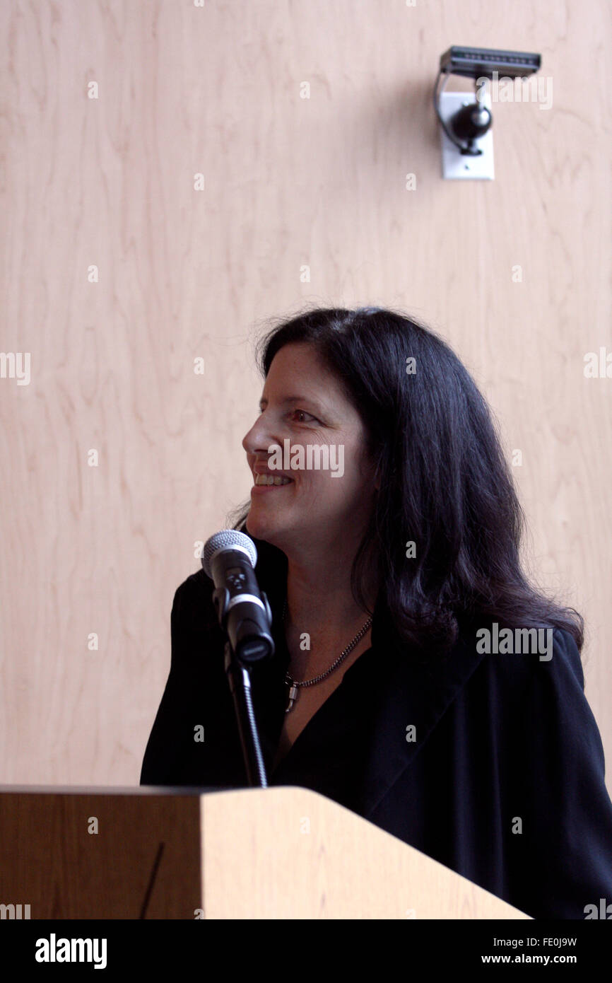 New York City, NY, USA. 3rd February, 2016. Laura Poitras speaks to members of the press during a preview of her first solo exhibition, Astro Noise, at the Whitney Museum of American Art in New York City on February 3, 2016.   Poitras, a filmmaker, artist and journalist best known for helping to break the Edward Snowden story Drone Program, Guantanamo Bay Prison, occupation and torture. Credit:  Adam Stoltman/Alamy Live News Stock Photo