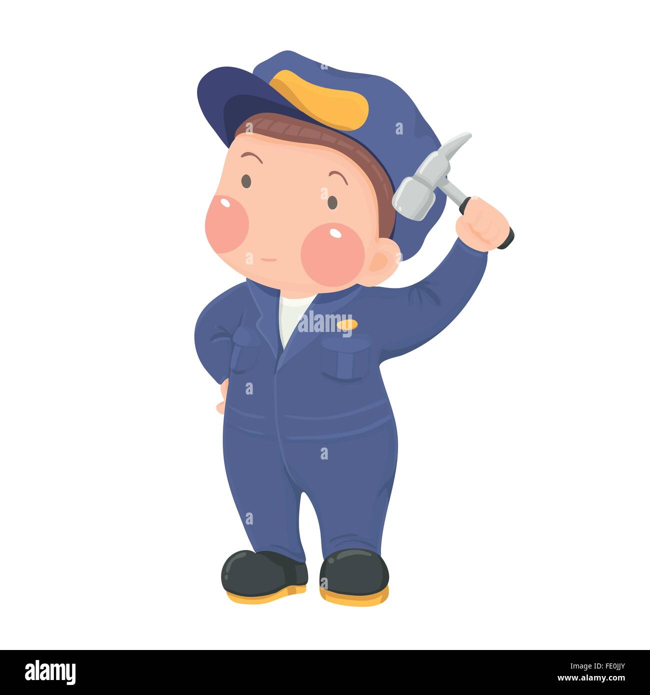 Vector Illustration of Service Mechanic Worker in Blue Work wear holding Hammer Cartoon Character on White Background Stock Vector