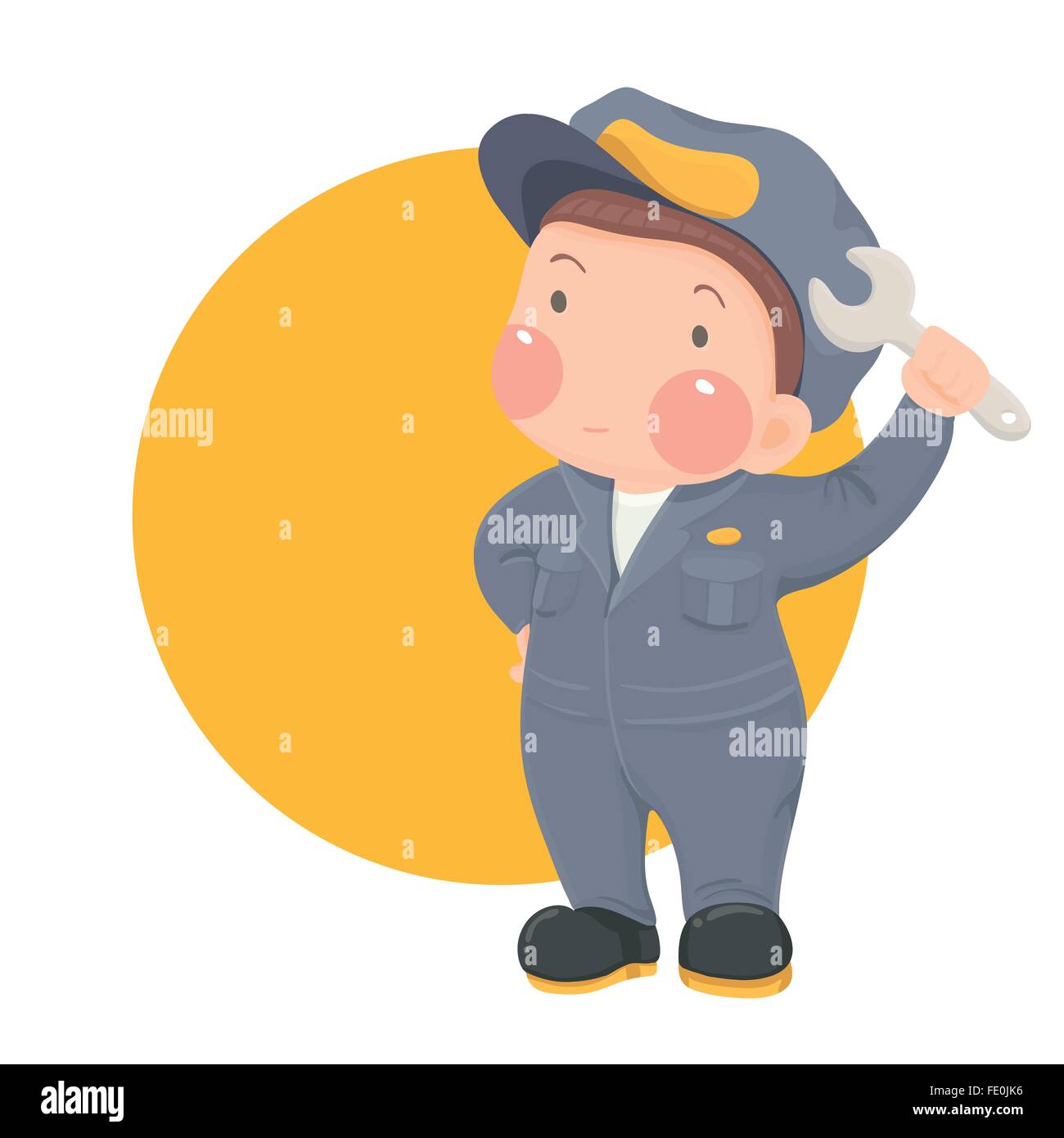 Vector Illustration of Service Mechanic Man with Wrench in Gray Work wear on Yellow Circle Background, Cartoon Character Stock Vector