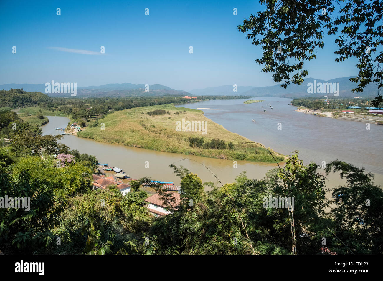 Chiang Sean-Golden Triangle and the shared borders of Thailand [left] Burma [top] Laos [right Stock Photo
