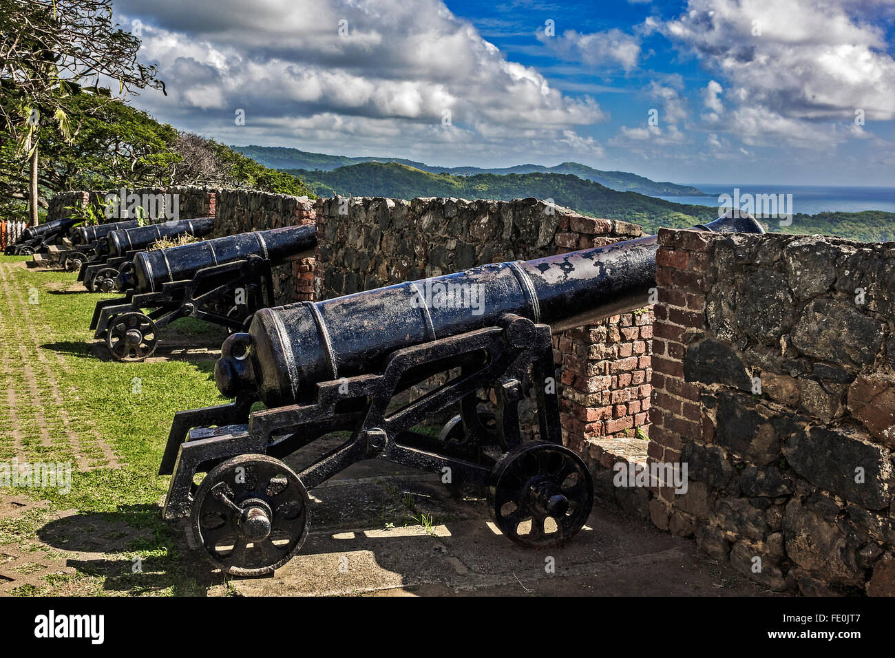 Line Of Cannon Fort King George Tobago west Indies Stock Photo