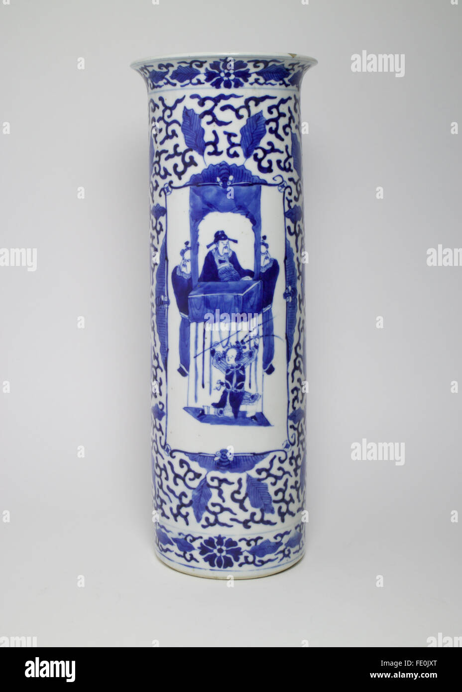 Large antique Chinese blue and white porcelain vase painted with two