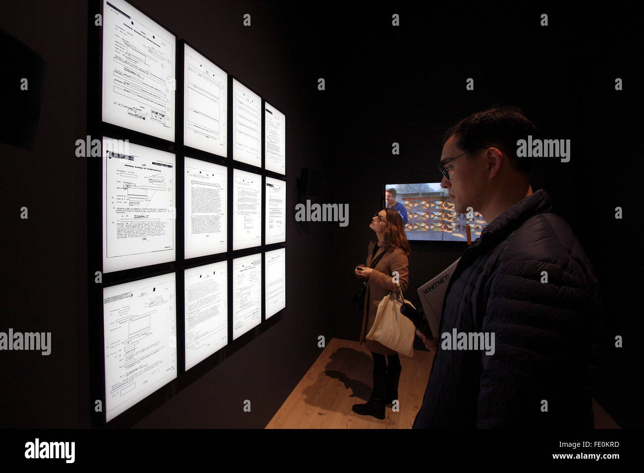 New York City, NY, USA. 3rd February, 2016. A series of panels representing FBI surveillance files on the artist Laura Poitras on display at Astro Noise, her first solo exhibition at the Whitney Museum of American Art in New York City as it was previewed to the press on February 3, 2016.   Poitras, a filmmaker, artist and journalist best known for helping to break the Edward Snowden story Drone Program, Guantanamo Bay Prison, occupation and torture. Credit:  Adam Stoltman/Alamy Live News Stock Photo
