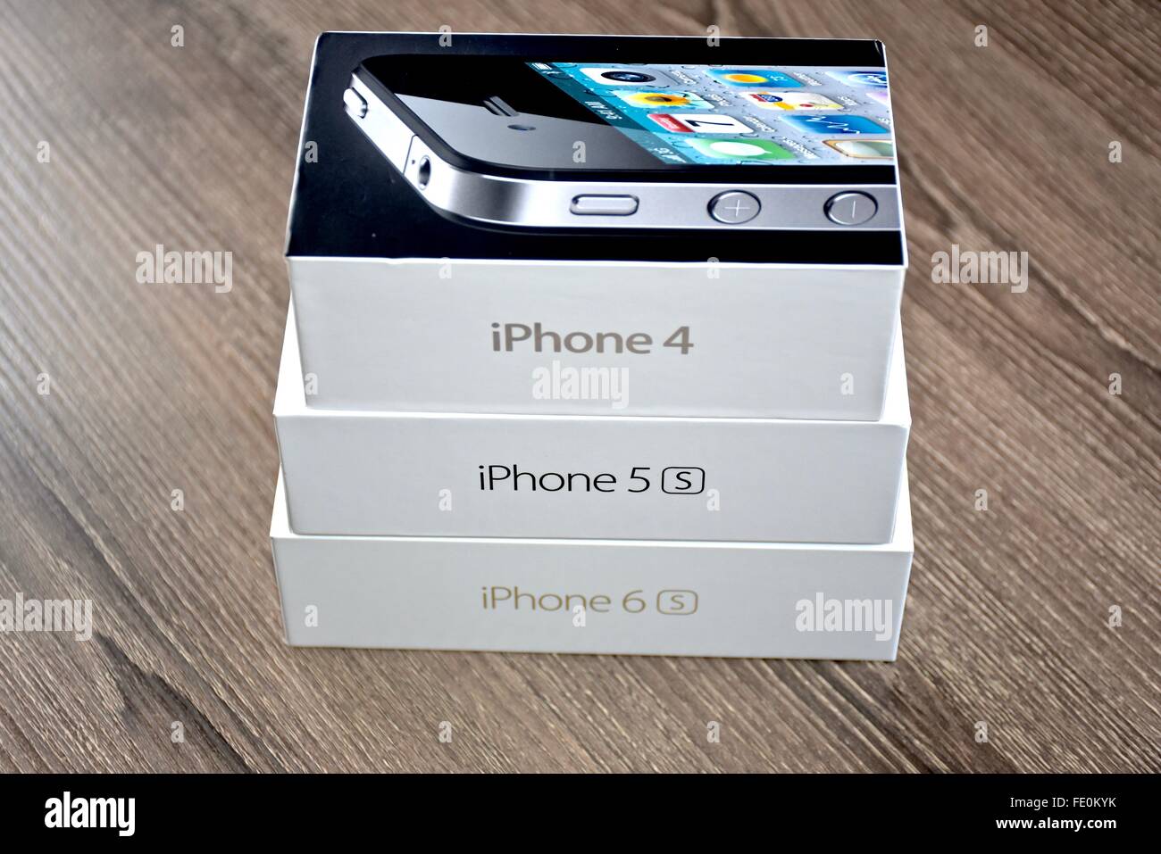 Apple iPhone box on a wood surface Stock Photo