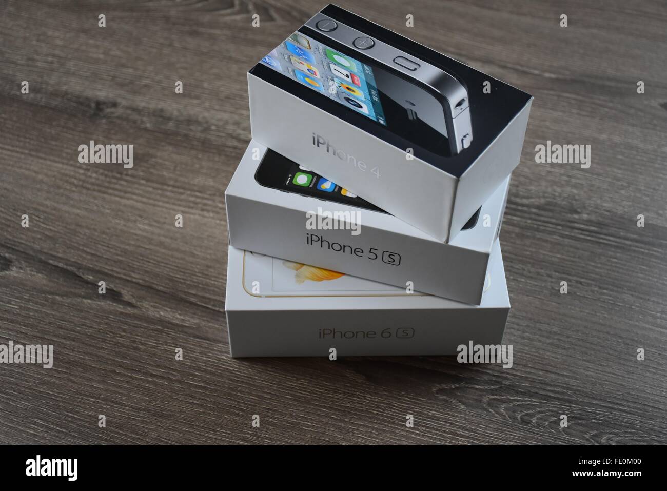 Apple iPhone box on a wood surface Stock Photo