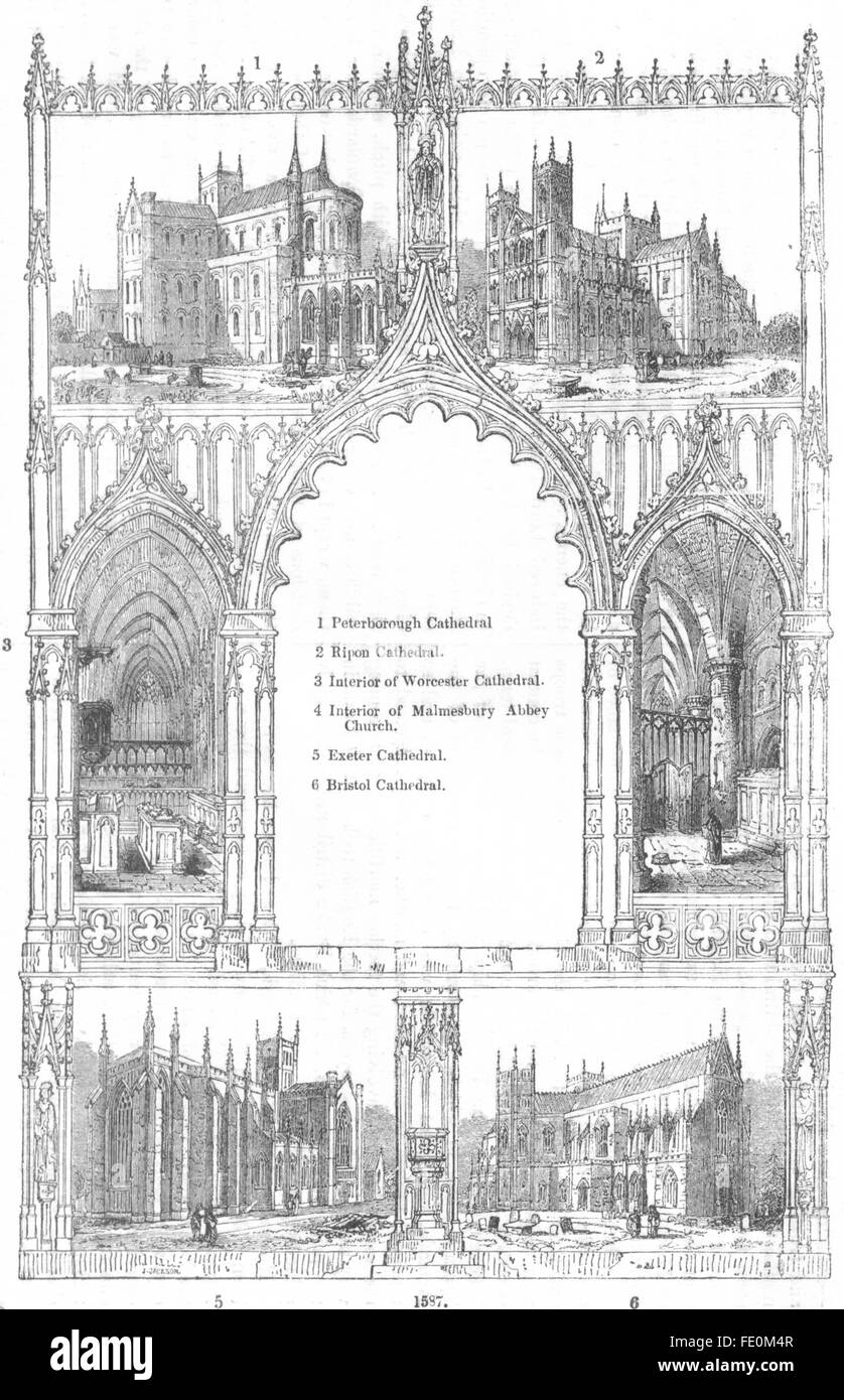 CATHEDRALS: Peterborough, Ripon, Worcester, Exeter, antique print 1845 Stock Photo