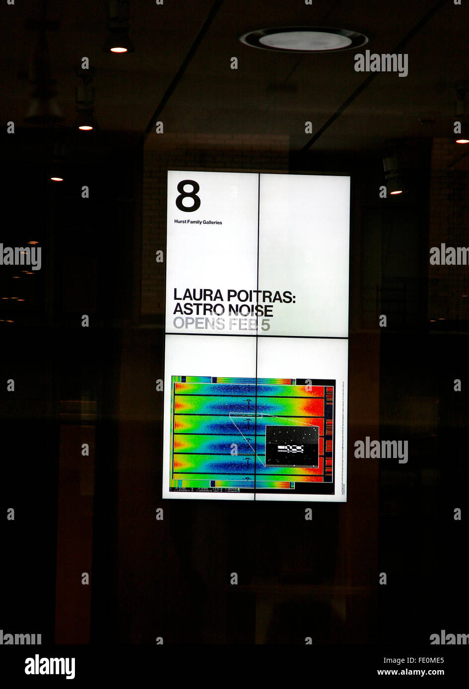 New York City, NY, USA. 3rd February, 2016. A sign for Astro Noise, Laura Poitras's first solo exhibition at the Whitney Museum of American Art in New York City as it was previewed to the press on February 3, 2016.   Poitras, a filmmaker, artist and journalist best known for helping to break the Edward Snowden story Drone Program, Guantanamo Bay Prison, occupation and torture. Credit:  Adam Stoltman/Alamy Live News Stock Photo