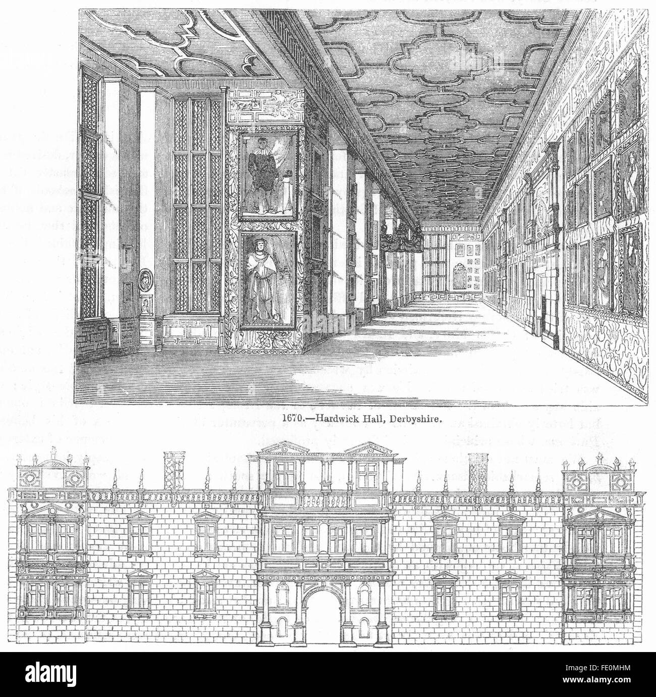 DERBYS: Hardwick Hall; & Somt House, antique print 1845 Stock Photo