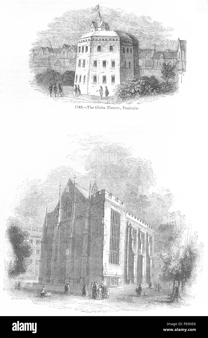 GLOBE THEATRE: Bankside; Hall of Middle Temple, antique print 1845 Stock Photo