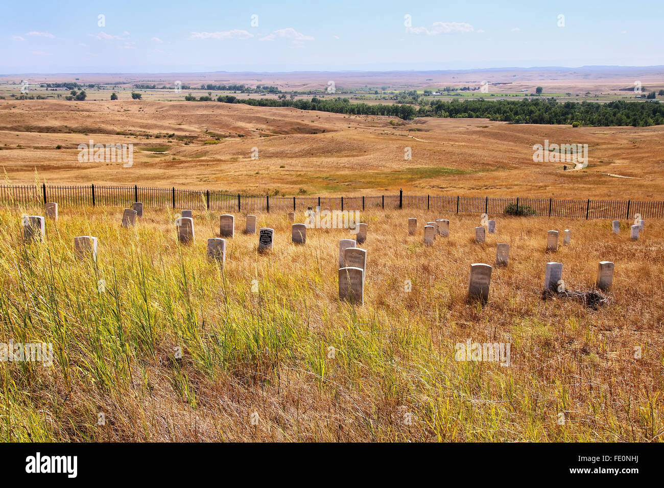 7th Cavalry marker stones at Little Bighorn Battlefield National Monument, Montana, USA. It preserves the site of the June 25 an Stock Photo