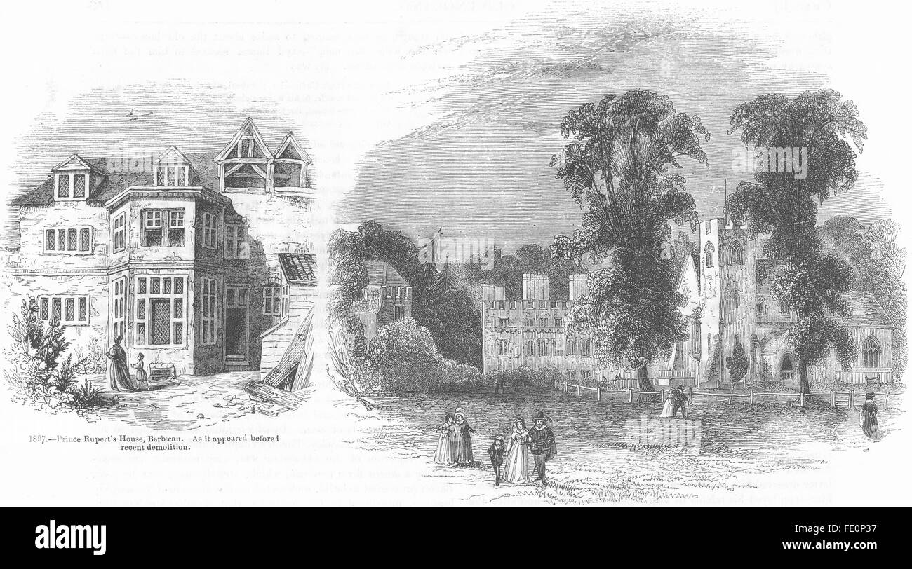 LONDON: Prince Ruperts House, Barbican; Hampden Manor, antique print 1845 Stock Photo