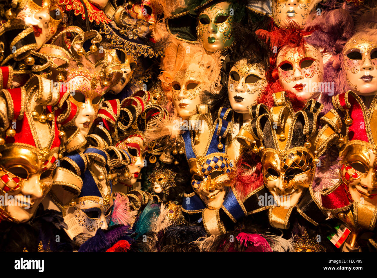 A selection of decorative Venetians face masks in a handmade mask ...