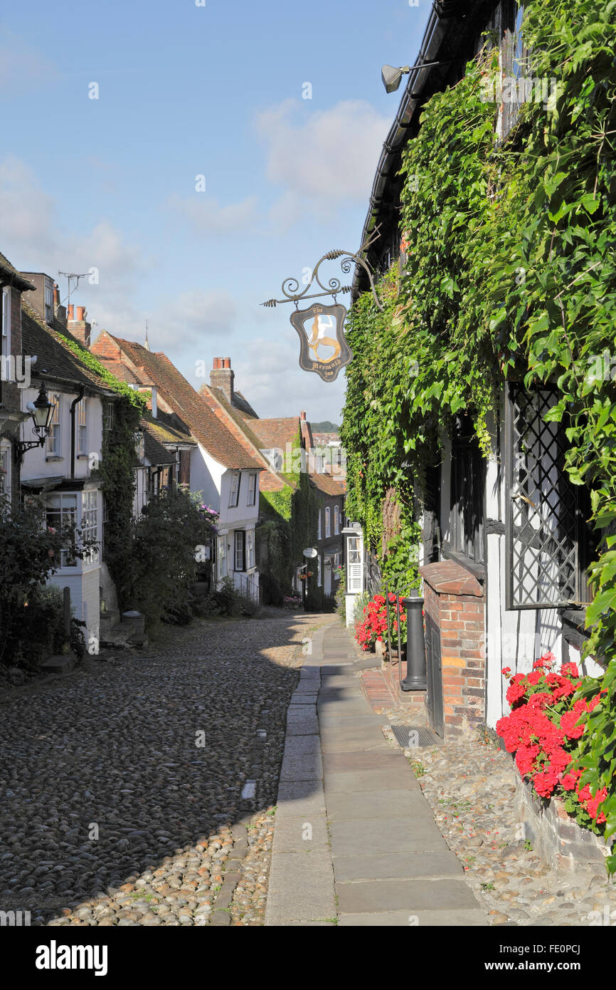 Early on a summer morning deserted Mermaid Street Rye East Sussex UK Stock Photo