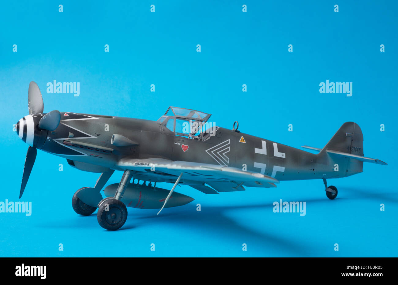 Messerschmitt Bf109G-10 Erla, Luftwaffe markings, with open canopy. 1:32  fine scale model on blue studio background Stock Photo - Alamy
